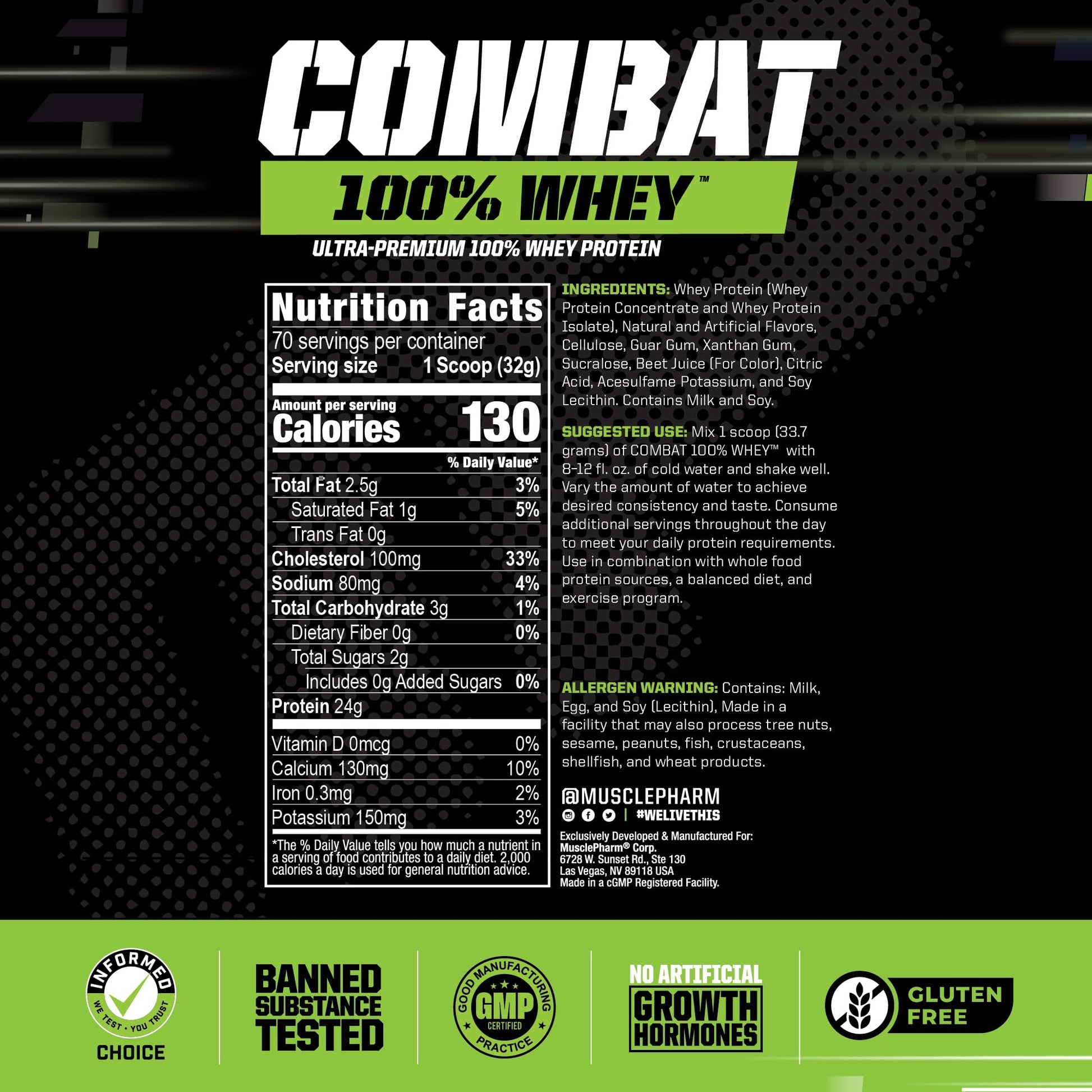 MusclePharm Combat 100% Whey Protein Powder, Strawberry Cream Flavor - Maple Wellness Supplements