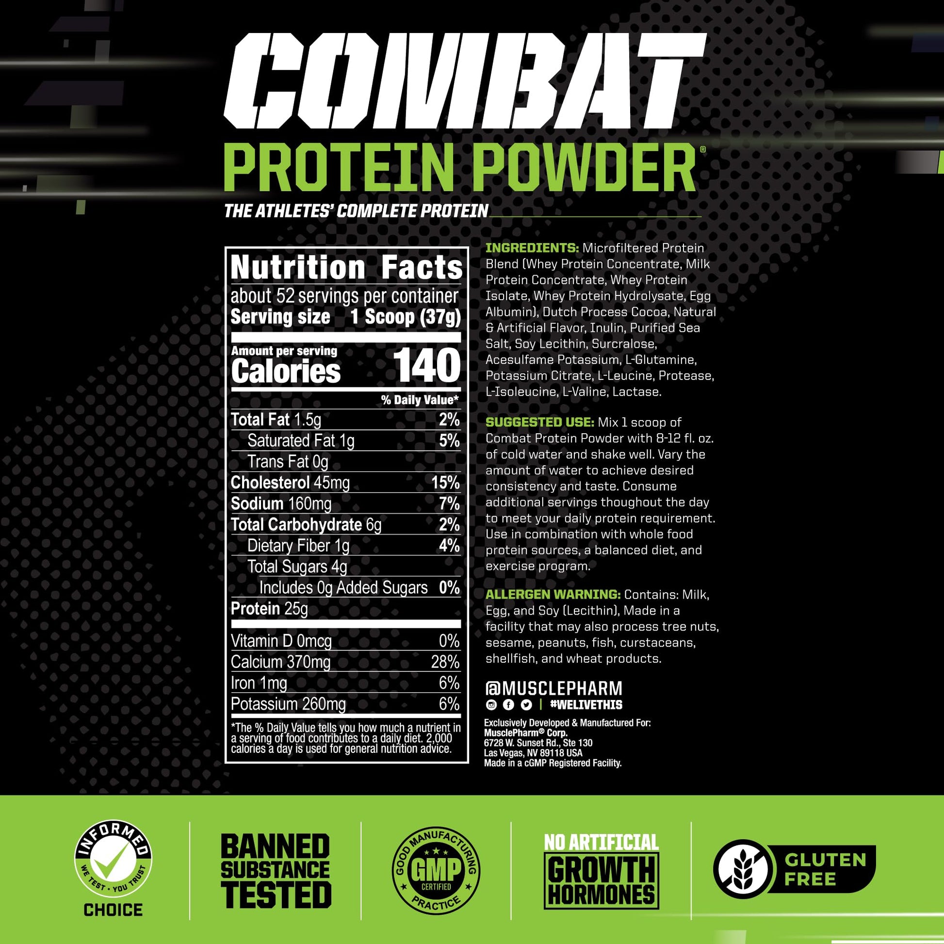 MusclePharm Combat Protein Powder, Chocolate Milk Flavor, Fuels Muscles for Productive Workouts, 5 Protein Sources including Whey Protein Isolate & Egg Albumin, Gluten Free, 4.2 lb, 52 Servings - Maple Wellness Supplements
