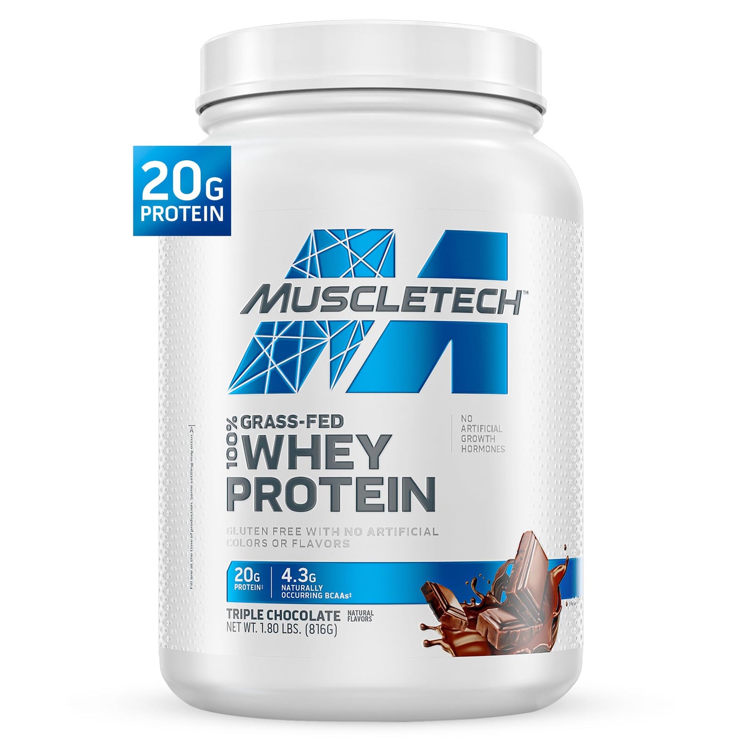 Muscletech Grass-Fed Whey Protein Powder (Triple Chocolate, 1.8LB) - Whey Protein Smoothie & Milk Shake Mix Supports Muscle Gain & Recovery - 20g of Whey Protein for Women & Men - Non-GMO, Gluten-Free - Maple Wellness Supplements