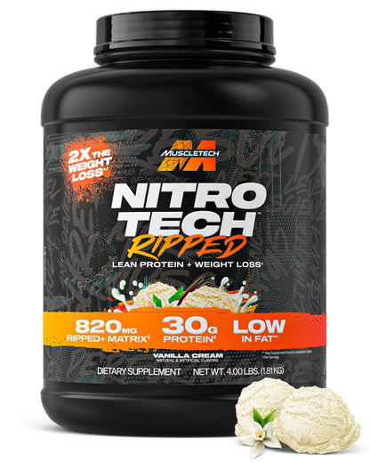 Muscletech Whey Protein Powder (Vanilla Cream, 4LB) - Nitro-Tech Ripped Whey Protein Isolate & Peptides Smoothie Mix for Lean Muscle & Fast Recovery - 30g of Whey Protein for Women & Men - Maple Wellness Supplements