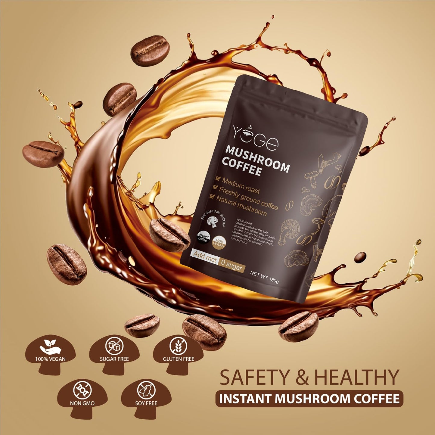 Mushroom Coffee, Instant Mushroom Coffee with Cordyceps, Reishi, King Trumpet, Shiitake, Turkey Tail, Lions Mane for Energy - Maple Wellness Supplements