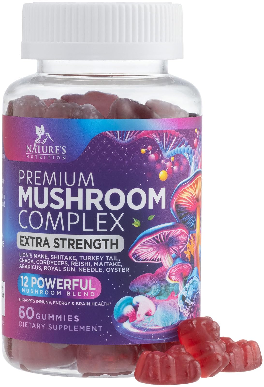 Mushroom Gummies Supplement 12 in 1 - High Grade Blend for Adults with Lions Mane, Reishi, Cordyceps, & Chaga Mushroom Complex Gummy, Memory & Immune Support & Nootropic Brain Supplements - 60 Gummies - Maple Wellness Supplements
