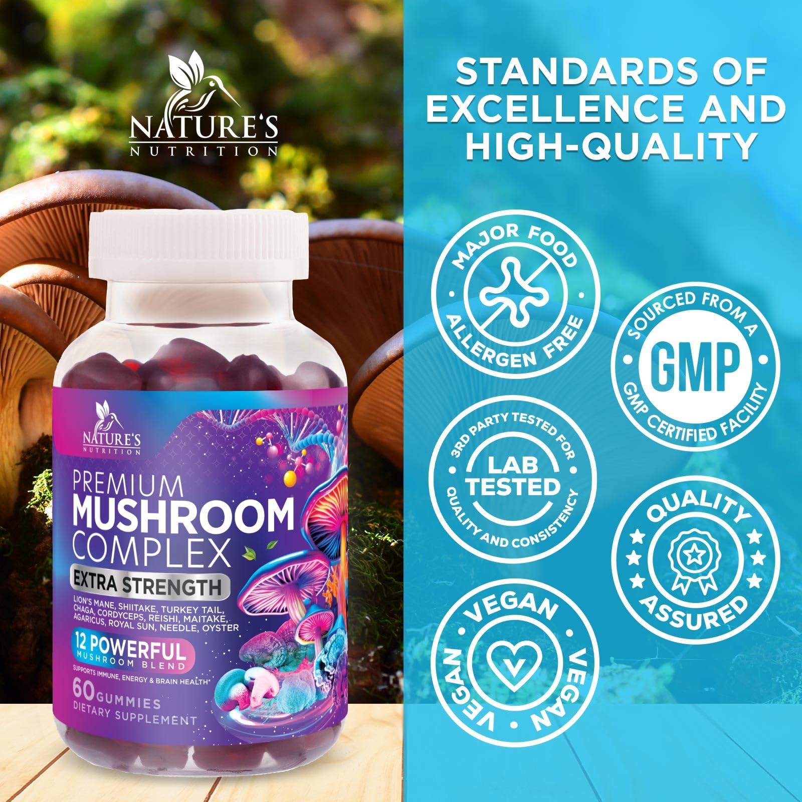 Mushroom Gummies Supplement 12 in 1 - High Grade Blend for Adults with Lions Mane, Reishi, Cordyceps, & Chaga Mushroom Complex Gummy, Memory & Immune Support & Nootropic Brain Supplements - 60 Gummies - Maple Wellness Supplements