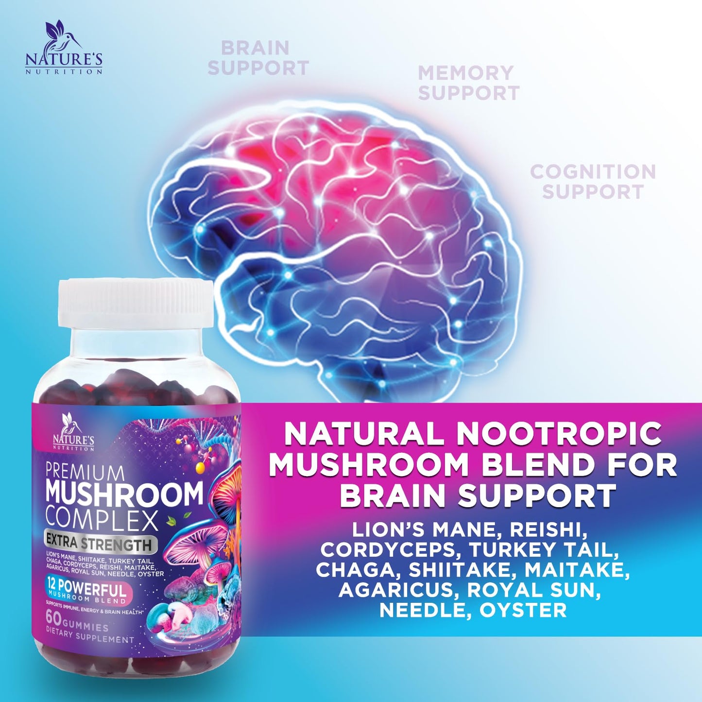 Mushroom Gummies Supplement 12 in 1 - High Grade Blend for Adults with Lions Mane, Reishi, Cordyceps, & Chaga Mushroom Complex Gummy, Memory & Immune Support & Nootropic Brain Supplements - 60 Gummies - Maple Wellness Supplements