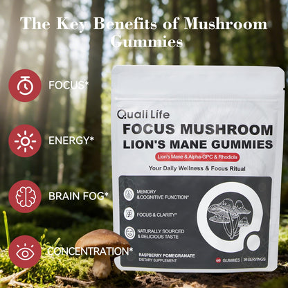 Mushroom Gummies with Lion’s Mane - Alpha Brain Gummy for Focus & Memory - Nootropic Focus Gummies with Rhodiola & Alpha-GPC – Vegan Brain Supplement, Raspberry Pomegranate Flavor, 60 Count (1) - Maple Wellness Supplements