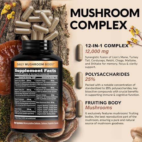 Mushroom Supplement - Organic Lion's Mane | Turkey Tail | Chaga | Cordyceps | Reishi - Maple Wellness Supplements