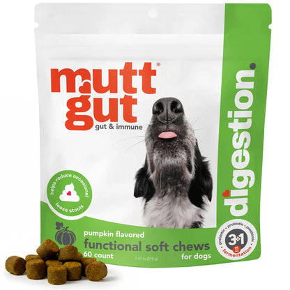 MuttGut® 3-in-1 Puppy & Dog Probiotics + Prebiotics + Postbiotics Chews - Promotes Digestive Health, Supports Immune System and Overall Health - Dog Diarrhea Relief & Immune Support - 60 Soft Chews - Maple Wellness Supplements