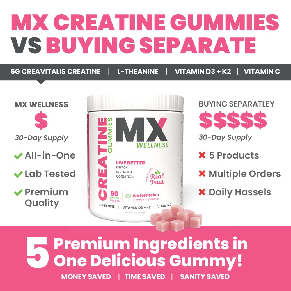 MX Wellness Creatine Monohydrate Gummies for Men & Women – Real Fruit Gummy Supplement for Muscle Growth, Recovery, Longevity, Cognitive Health & Memory – 90 Chews (90 Gummies, Watermelon) - Maple Wellness Supplements