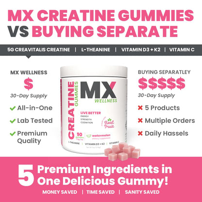 MX Wellness Creatine Monohydrate Gummies for Men & Women – Real Fruit Gummy Supplement for Muscle Growth, Recovery, Longevity, Cognitive Health & Memory – 90 Chews (90 Gummies, Watermelon) - Maple Wellness Supplements