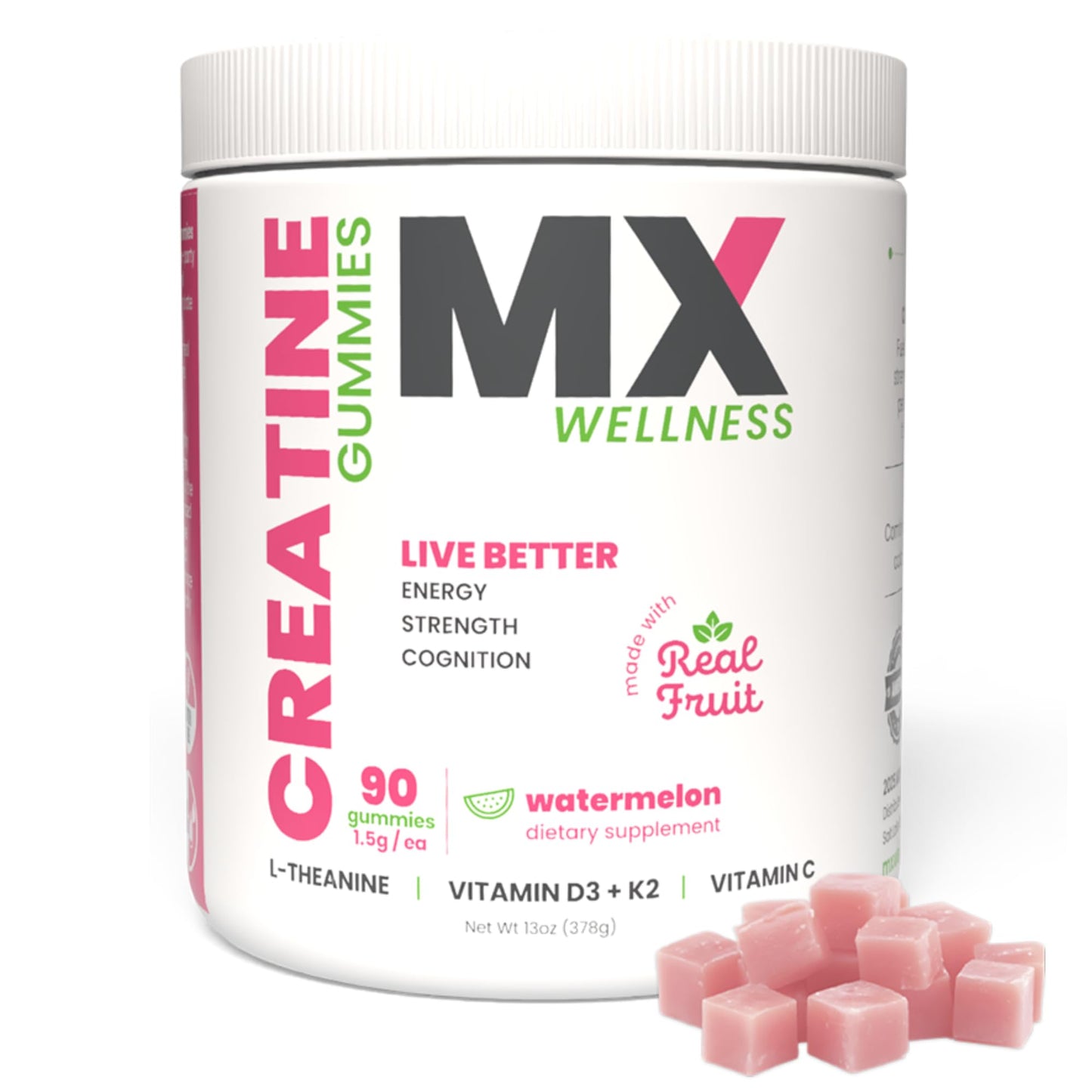 MX Wellness Creatine Monohydrate Gummies for Men & Women – Real Fruit Gummy Supplement for Muscle Growth, Recovery, Longevity, Cognitive Health & Memory – 90 Chews (90 Gummies, Watermelon) - Maple Wellness Supplements