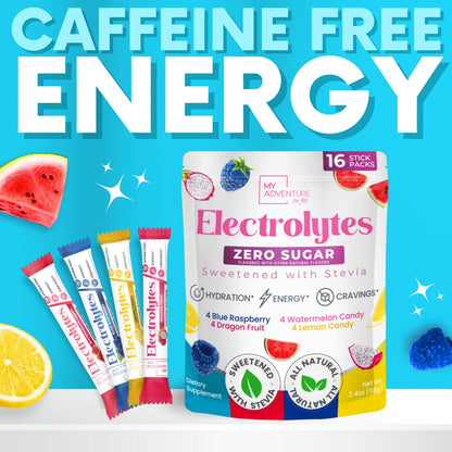 My Adventure to Fit Electrolytes Powder Packets – 16 Sugar-Free Hydration Packets, Potassium Supplement, Watermelon Candy, Blue Raspberry, Lemon Candy, Dragon Fruit - Maple Wellness Supplements