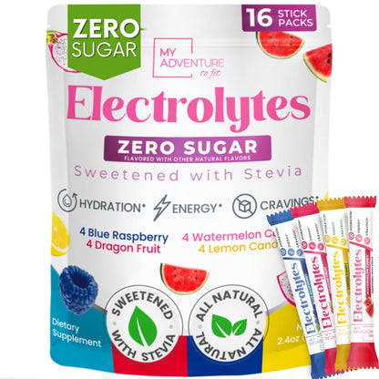 My Adventure to Fit Electrolytes Powder Packets – 16 Sugar-Free Hydration Packets, Potassium Supplement, Watermelon Candy, Blue Raspberry, Lemon Candy, Dragon Fruit - Maple Wellness Supplements