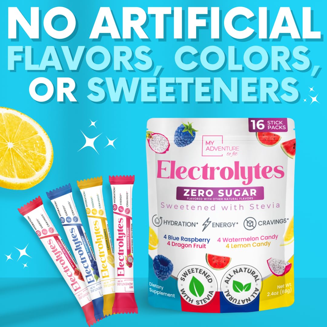 My Adventure to Fit Electrolytes Powder Packets – 16 Sugar-Free Hydration Packets, Potassium Supplement, Watermelon Candy, Blue Raspberry, Lemon Candy, Dragon Fruit - Maple Wellness Supplements