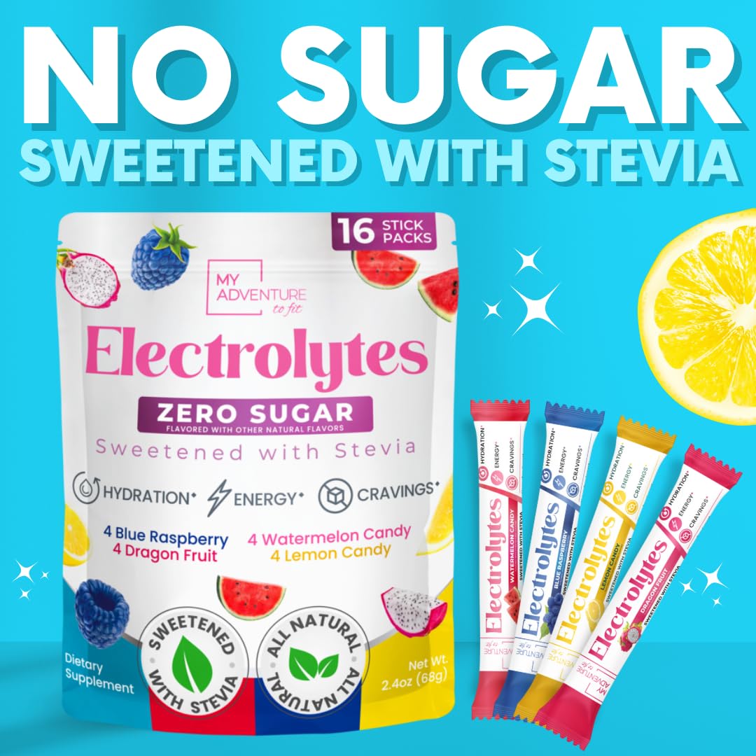 My Adventure to Fit Electrolytes Powder Packets – 16 Sugar-Free Hydration Packets, Potassium Supplement, Watermelon Candy, Blue Raspberry, Lemon Candy, Dragon Fruit - Maple Wellness Supplements