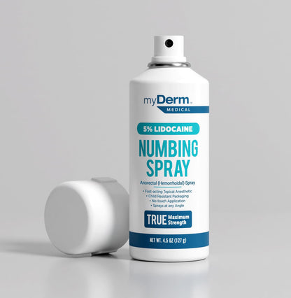 Myderm Medical Numbing Spray - 4.5oz - Maximum Strength 5% Lidocaine with Phenylephrine HCl and Witch Hazel - Fast-Acting Reliever with A Touch-Free Application - First Aid Supplies - Made in USA - Maple Wellness Supplements