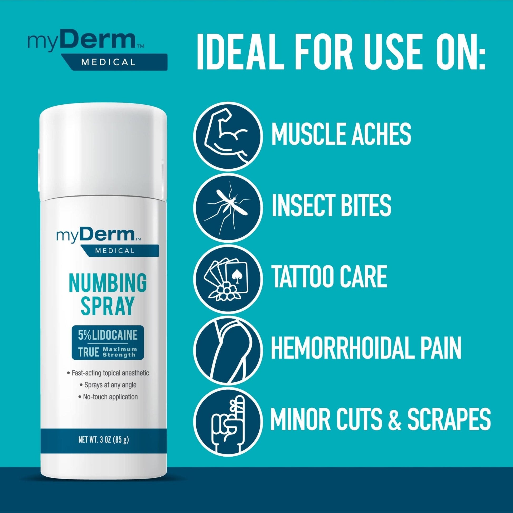 Myderm Medical Numbing Spray - 4.5oz - Maximum Strength 5% Lidocaine with Phenylephrine HCl and Witch Hazel - Fast-Acting Reliever with A Touch-Free Application - First Aid Supplies - Made in USA - Maple Wellness Supplements