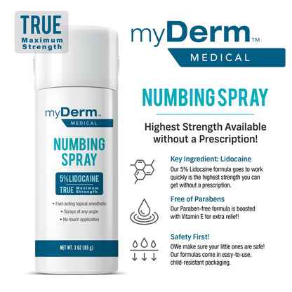 Myderm Medical Numbing Spray - 4.5oz - Maximum Strength 5% Lidocaine with Phenylephrine HCl and Witch Hazel - Fast-Acting Reliever with A Touch-Free Application - First Aid Supplies - Made in USA - Maple Wellness Supplements