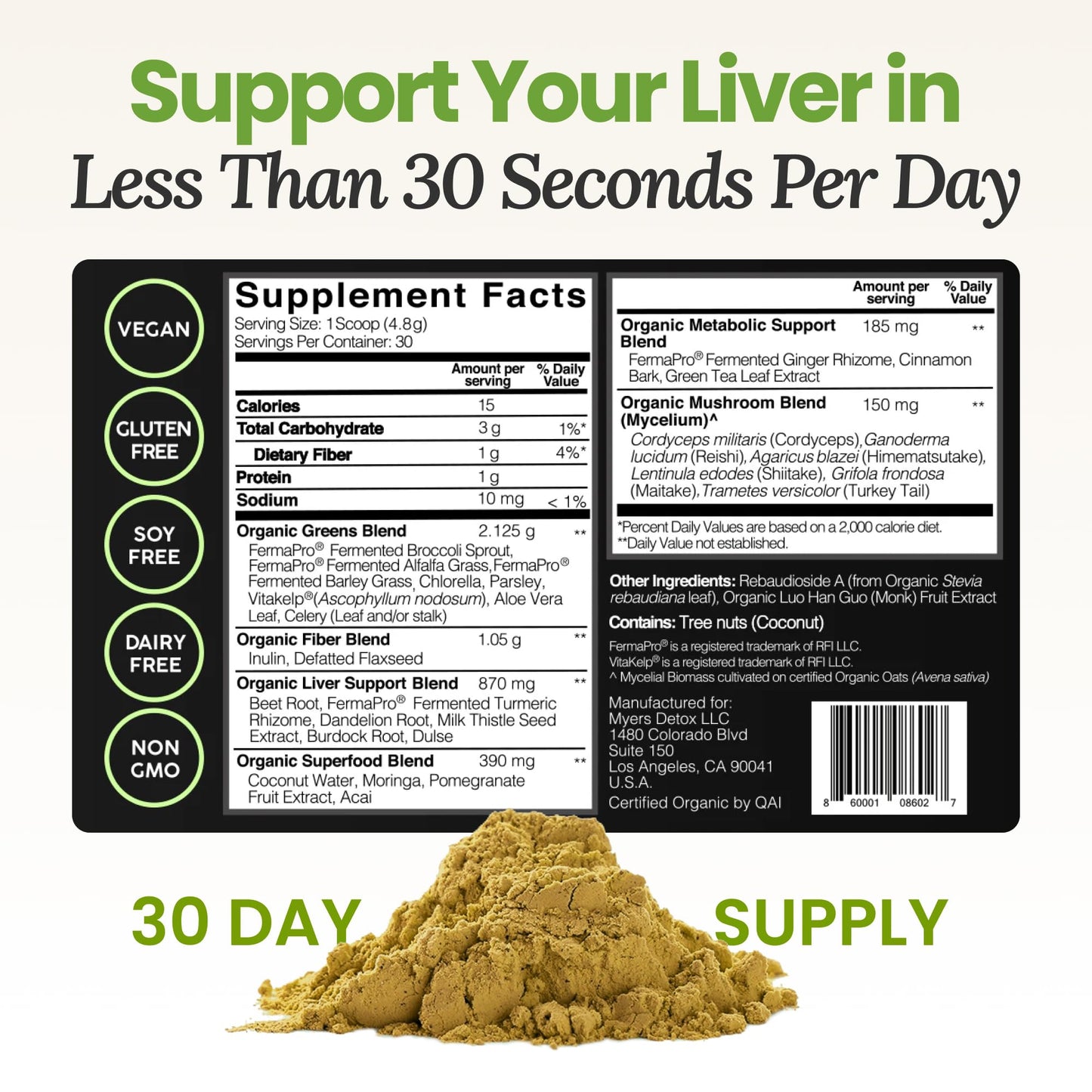 Myers Detox Daily Detox Greens Powder, Organic Superfood Supplement for Detox, Gut Health, Energy, Immune Support, Overall Wellness, Gluten Free Multivitamin Drink Mix, - Maple Wellness Supplements