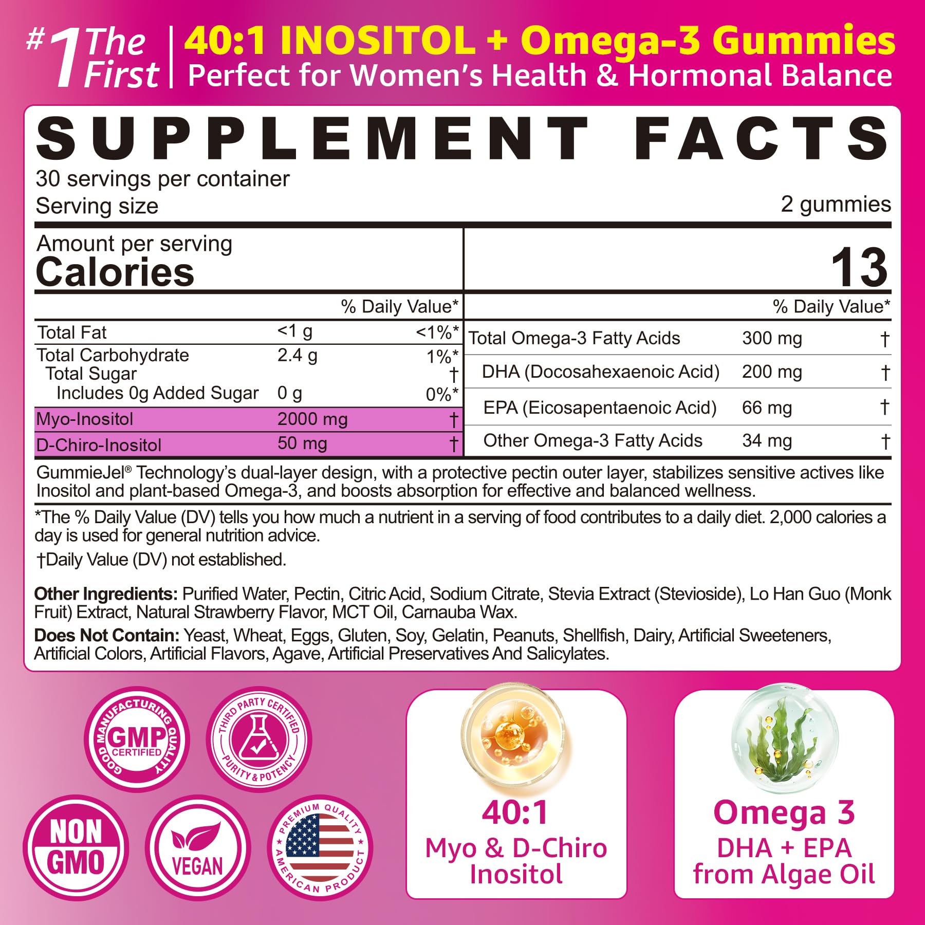 Myo-Inositol & D-Chiro Ideal 40:1, Inositol + Omega-3(3:1) Gummies, Hormone Balance for Women | Sugar Free Inositol Gummies w/Omega 3 DHA:EPA (3:1), Inositol Supplement for Cycle Health, Vegan, 60 Ct - Maple Wellness Supplements