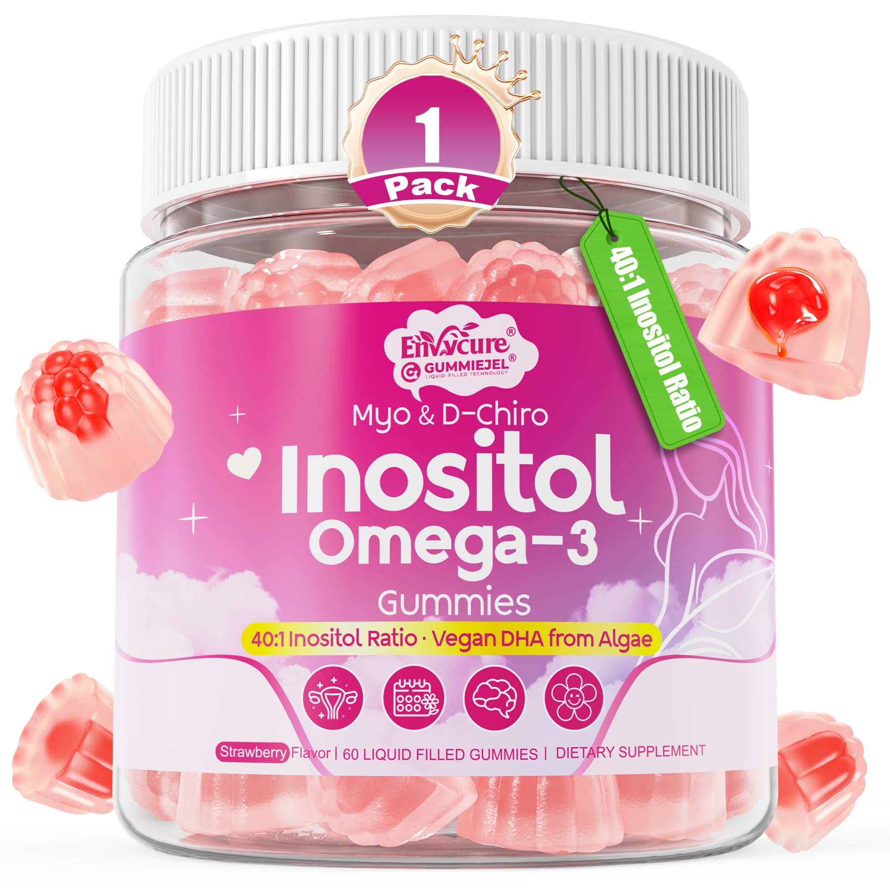 Myo-Inositol & D-Chiro Ideal 40:1, Inositol + Omega-3(3:1) Gummies, Hormone Balance for Women | Sugar Free Inositol Gummies w/Omega 3 DHA:EPA (3:1), Inositol Supplement for Cycle Health, Vegan, 60 Ct - Maple Wellness Supplements