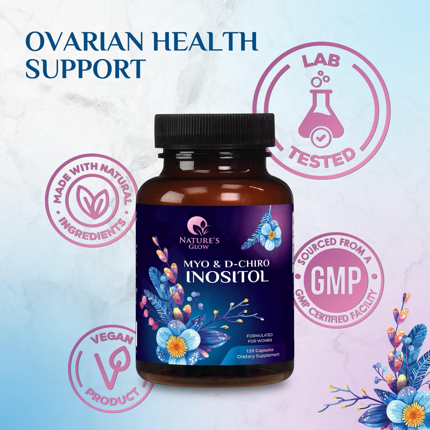 Myo-Inositol & D-Chiro Inositol 1025mg - 40:1 Ideal Ratio for Ovarian Support, Vegan Myo & D Chiro Supplement for Women's Natural Balance and Hormone Support, Vitamin B8, Non-GMO - 120 Capsules - Maple Wellness Supplements
