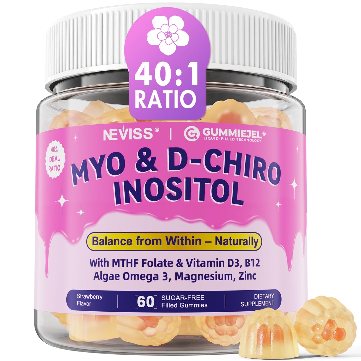 Myo-Inositol & D-Chiro Inositol, Hormone Balance for Women | Sugar Free Inositol Gummies w/Omega 3, MTHF Folate, Vitamin D3, B12, Magnesium & Zinc for Ovarian Health, Ideal 40:1 Ratio, Vegan, 60 Cts - Maple Wellness Supplements
