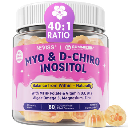 Myo-Inositol & D-Chiro Inositol, Hormone Balance for Women | Sugar Free Inositol Gummies w/Omega 3, MTHF Folate, Vitamin D3, B12, Magnesium & Zinc for Ovarian Health, Ideal 40:1 Ratio, Vegan, 60 Cts - Maple Wellness Supplements