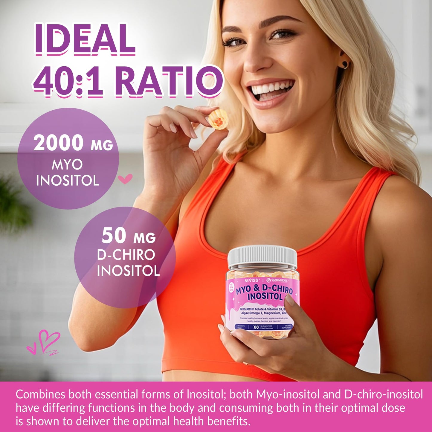 Myo-Inositol & D-Chiro Inositol, Hormone Balance for Women | Sugar Free Inositol Gummies w/Omega 3, MTHF Folate, Vitamin D3, B12, Magnesium & Zinc for Ovarian Health, Ideal 40:1 Ratio, Vegan, 60 Cts - Maple Wellness Supplements