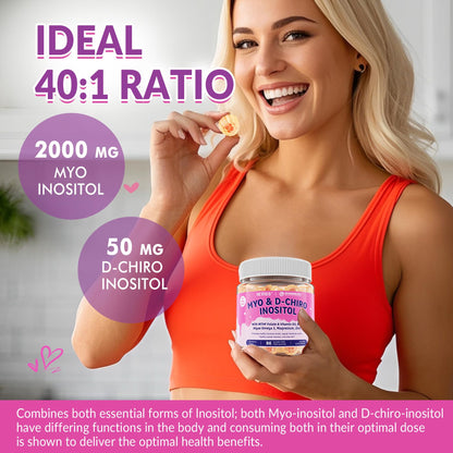 Myo-Inositol & D-Chiro Inositol, Hormone Balance for Women | Sugar Free Inositol Gummies w/Omega 3, MTHF Folate, Vitamin D3, B12, Magnesium & Zinc for Ovarian Health, Ideal 40:1 Ratio, Vegan, 60 Cts - Maple Wellness Supplements