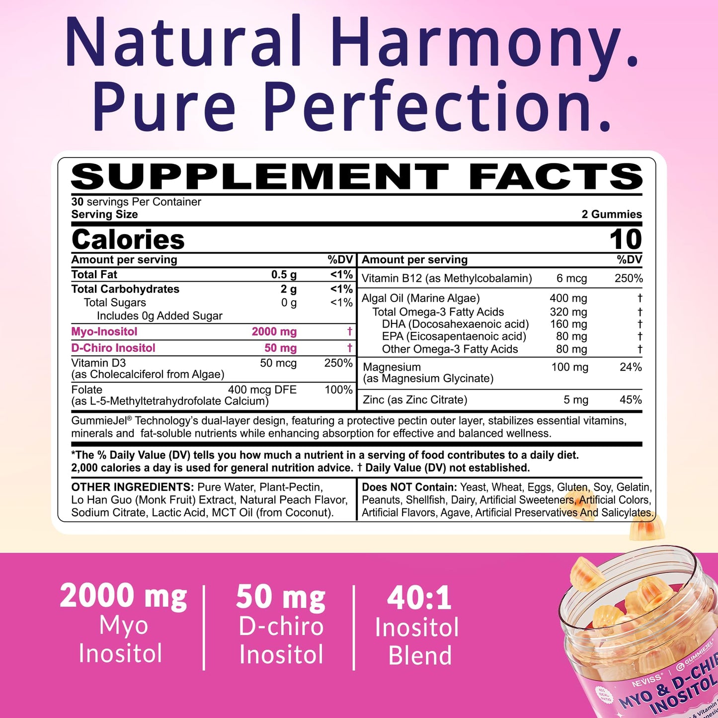 Myo-Inositol & D-Chiro Inositol, Hormone Balance for Women | Sugar Free Inositol Gummies w/Omega 3, MTHF Folate, Vitamin D3, B12, Magnesium & Zinc for Ovarian Health, Ideal 40:1 Ratio, Vegan, 60 Cts - Maple Wellness Supplements