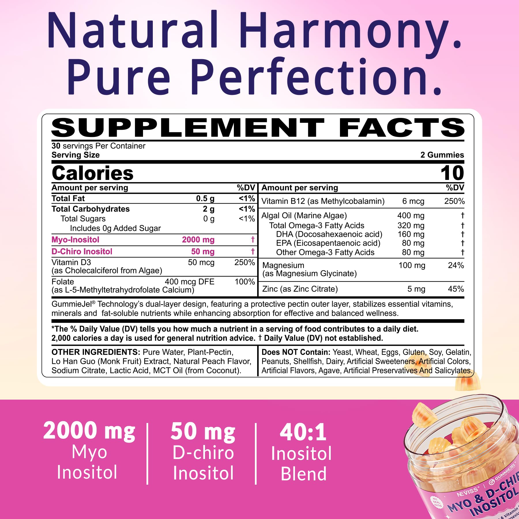 Myo-Inositol & D-Chiro Inositol, Hormone Balance for Women | Sugar Free Inositol Gummies w/Omega 3, MTHF Folate, Vitamin D3, B12, Magnesium & Zinc for Ovarian Health, Ideal 40:1 Ratio, Vegan, 60 Cts - Maple Wellness Supplements