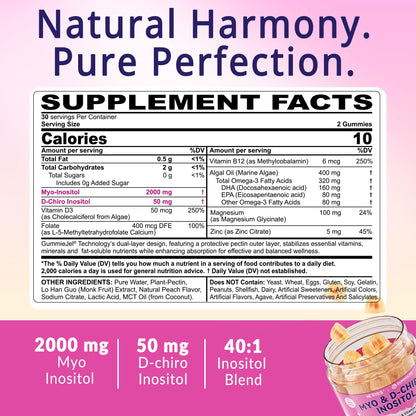 Myo-Inositol & D-Chiro Inositol, Hormone Balance for Women | Sugar Free Inositol Gummies w/Omega 3, MTHF Folate, Vitamin D3, B12, Magnesium & Zinc for Ovarian Health, Ideal 40:1 Ratio, Vegan, 60 Cts - Maple Wellness Supplements