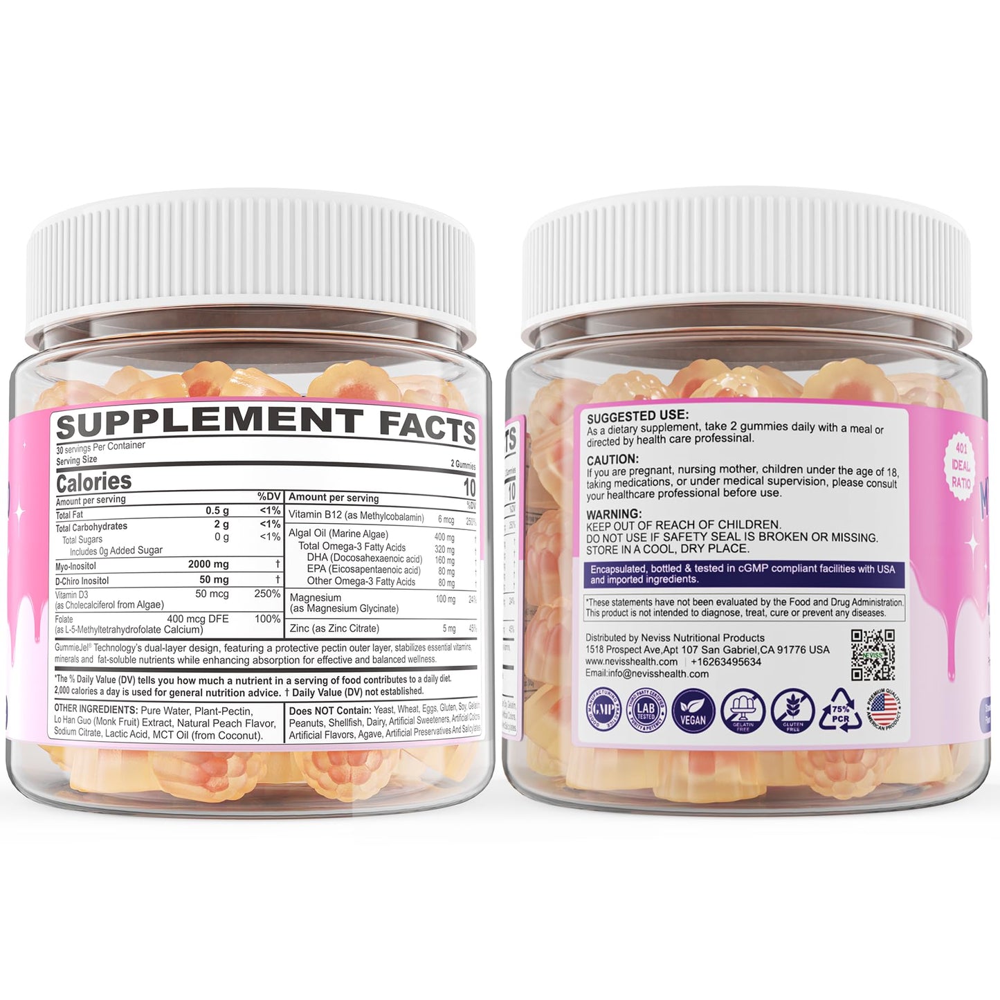 Myo-Inositol & D-Chiro Inositol, Hormone Balance for Women | Sugar Free Inositol Gummies w/Omega 3, MTHF Folate, Vitamin D3, B12, Magnesium & Zinc for Ovarian Health, Ideal 40:1 Ratio, Vegan, 60 Cts - Maple Wellness Supplements