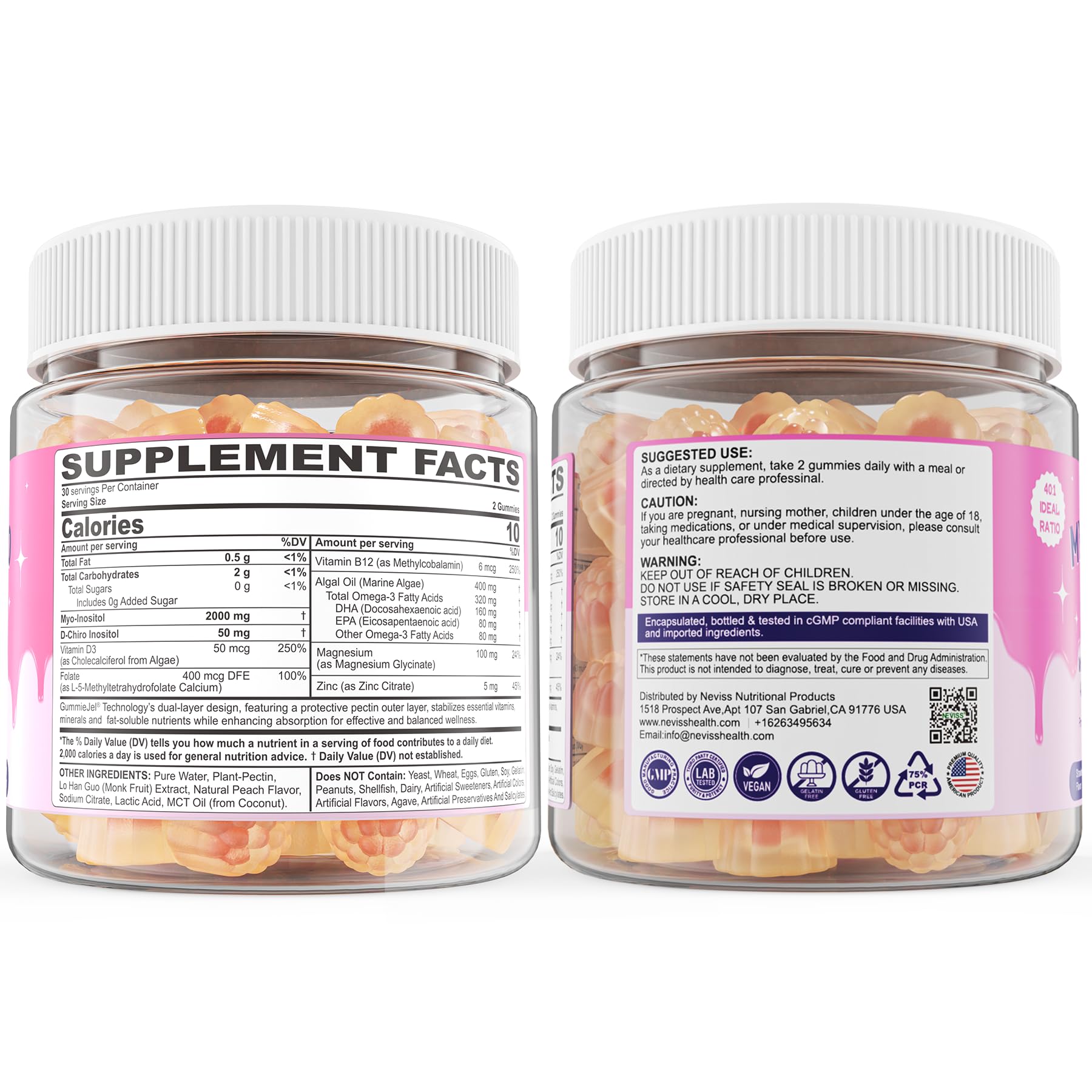 Myo-Inositol & D-Chiro Inositol, Hormone Balance for Women | Sugar Free Inositol Gummies w/Omega 3, MTHF Folate, Vitamin D3, B12, Magnesium & Zinc for Ovarian Health, Ideal 40:1 Ratio, Vegan, 60 Cts - Maple Wellness Supplements