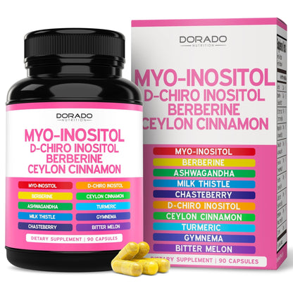 Myo-Inositol & D-Chiro Inositol Supplement For Women (90 Capsules, 40:1 Ratio Myo Inositol) Hormone Balance for Women - 10 in 1 Formula - Third Party Tested, Vegan Safe & USA Made - (90 Count) - Maple Wellness Supplements