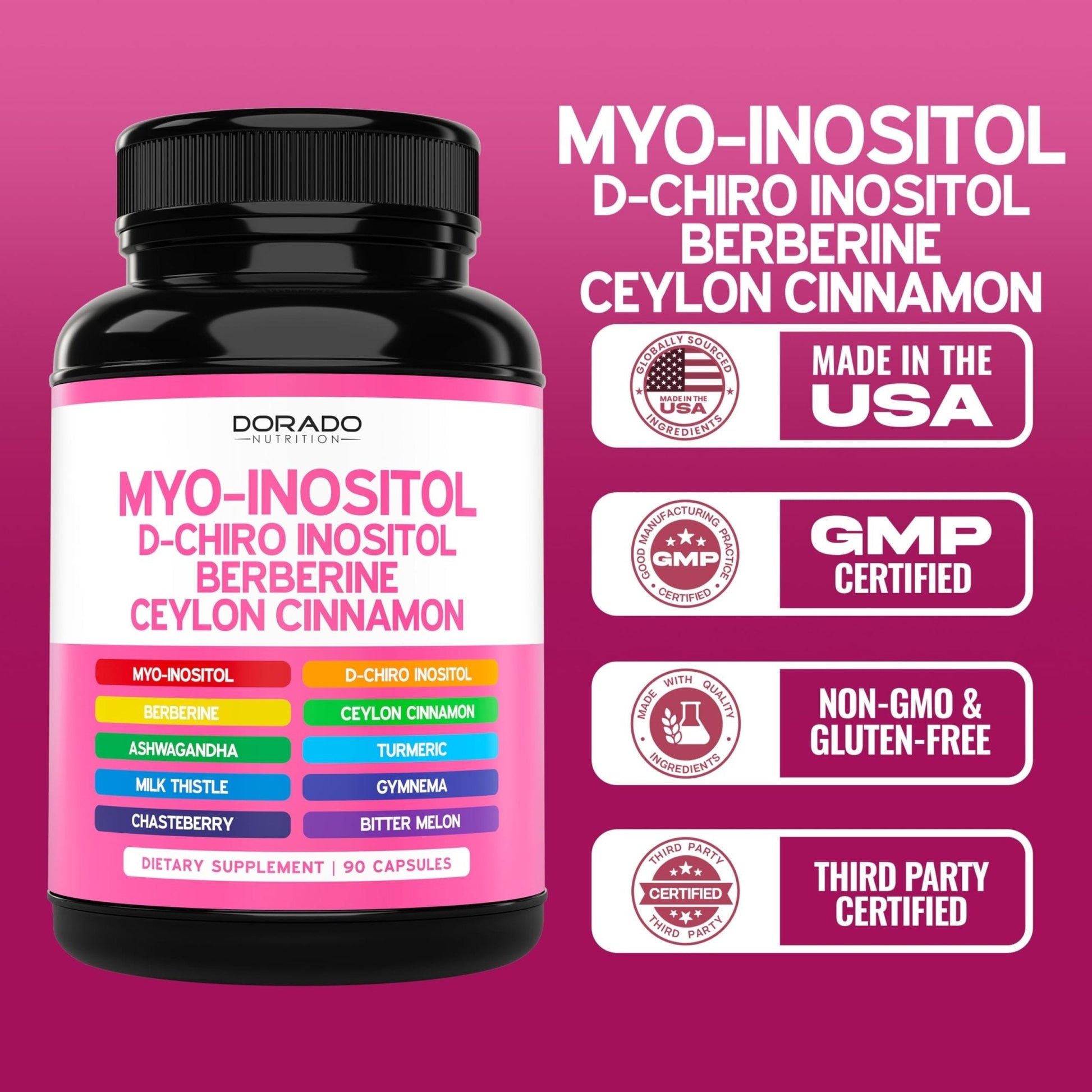 Myo-Inositol & D-Chiro Inositol Supplement For Women (90 Capsules, 40:1 Ratio Myo Inositol) Hormone Balance for Women - 10 in 1 Formula - Third Party Tested, Vegan Safe & USA Made - (90 Count) - Maple Wellness Supplements