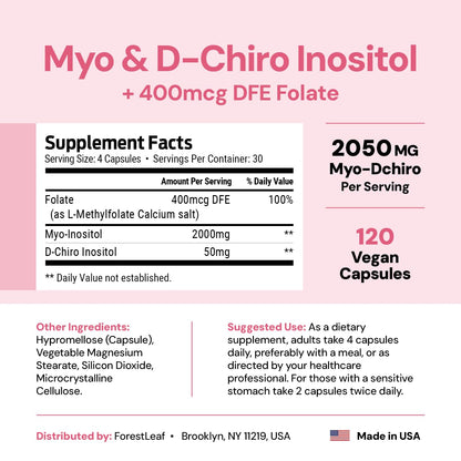 Myo-Inositol & D-Chiro Inositol Supplement for Women's Health | Fertility Supplements Women | Inositol 40:1 Ratio Support Ovarian Function & Healthy Hormone Balance Women | 2050mg | 120 Powder Caps - Maple Wellness Supplements