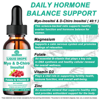 Myo Inositol & D-Chiro Inositol Supplement Liquid for Women- Ideal 40:1 Ratio Inositol Drops with MTHF Folate, Magnesium, Vitamin D, Supports Hormone Balance, Regular Cycles & Ovarian Health丨Vegan - Maple Wellness Supplements