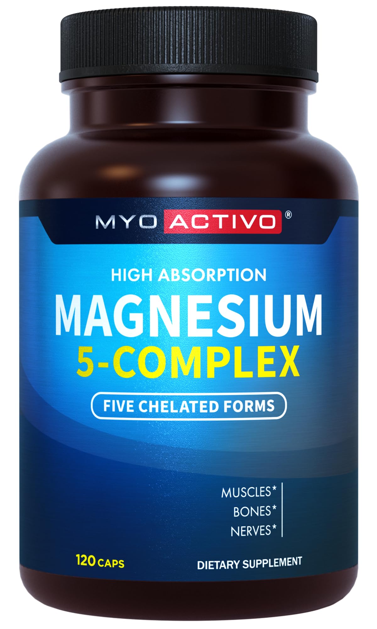 MyoActivo 5-in-1 Magnesium Complex - High Absorption - Chelated Magnesium Glycinate, Malate, Citrate, Taurate, & Aspartate for Nerves, Muscles, Bones | 120 Capsules | Magnesium Supplement - Maple Wellness Supplements
