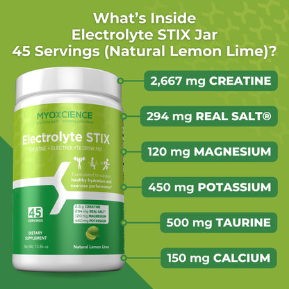 MYOXCIENCE Electrolyte STIX | Creatine Electrolyte Powder | Recovery from Exercise & Muscle Development w/Real Salt (Lemon Lime Flavor) (Jar 45 ct) - Maple Wellness Supplements