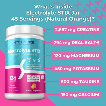 MYOXCIENCE Electrolyte STIX | Creatine Electrolyte Powder | Recovery from Exercise & Muscle Development w/Real Salt (Natural Orange Flavor) (Jar 45 ct) - Maple Wellness Supplements
