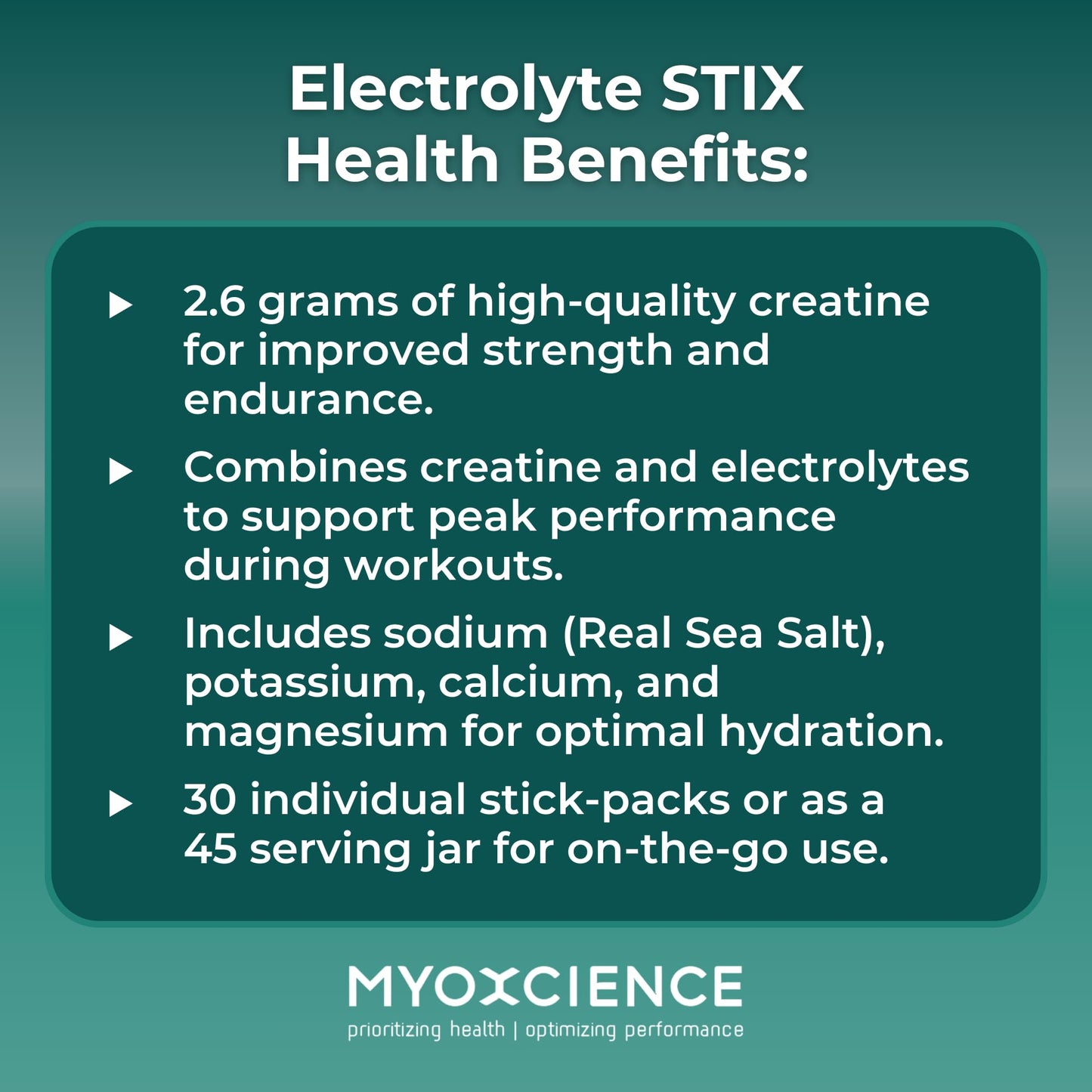 MYOXCIENCE Electrolyte STIX | Creatine Electrolyte Powder | Recovery from Exercise & Muscle Development w/Real Salt (Unflavored) (Jar 45 ct) - Maple Wellness Supplements