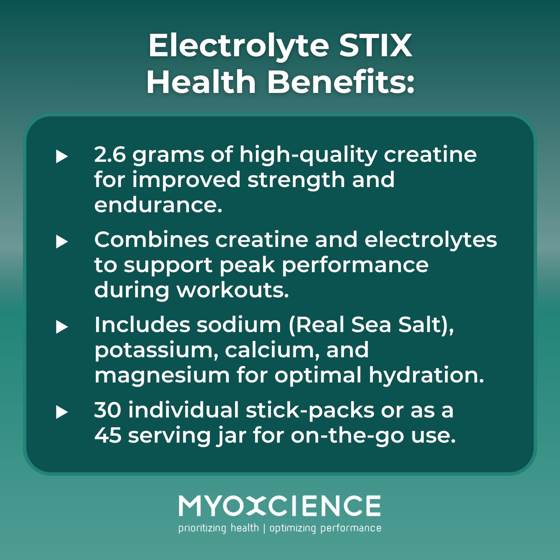 MYOXCIENCE Electrolyte STIX | Creatine Electrolyte Powder | Recovery from Exercise & Muscle Development w/Real Salt (Unflavored) (Jar 45 ct) - Maple Wellness Supplements