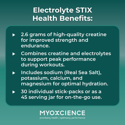 MYOXCIENCE Electrolyte STIX | Creatine Electrolyte Powder | Recovery from Exercise & Muscle Development w/Real Salt (Unflavored) (Jar 45 ct) - Maple Wellness Supplements