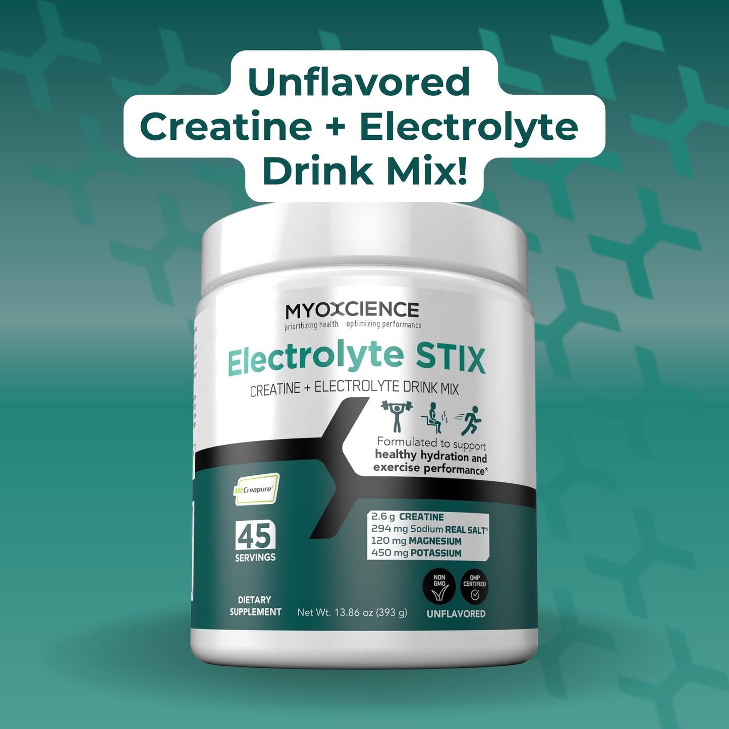MYOXCIENCE Electrolyte STIX | Creatine Electrolyte Powder | Recovery from Exercise & Muscle Development w/Real Salt (Unflavored) (Jar 45 ct) - Maple Wellness Supplements