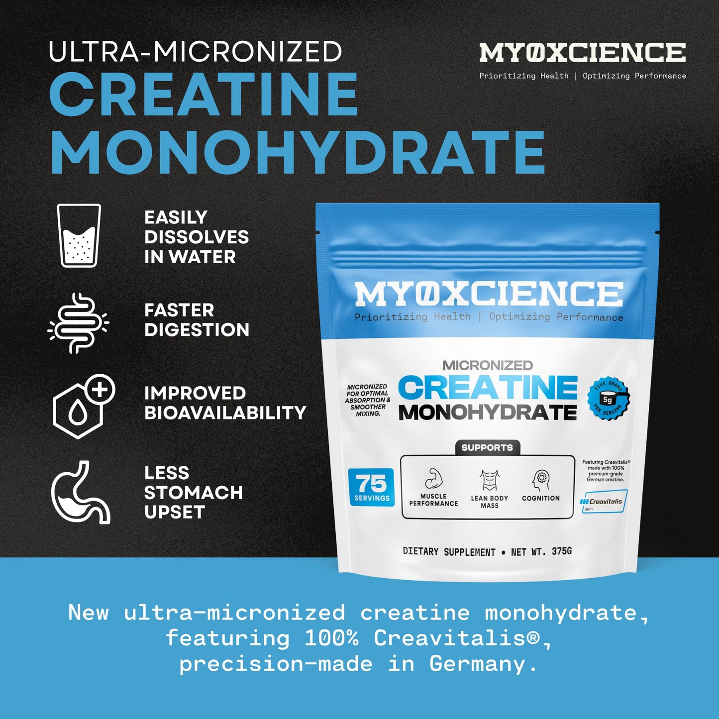 MYOXCIENCE Micronized Creavitalis Creatine | The World’s Purest Micronized Form of Creatine Monohydrate | Supports Muscle Performance - Maple Wellness Supplements