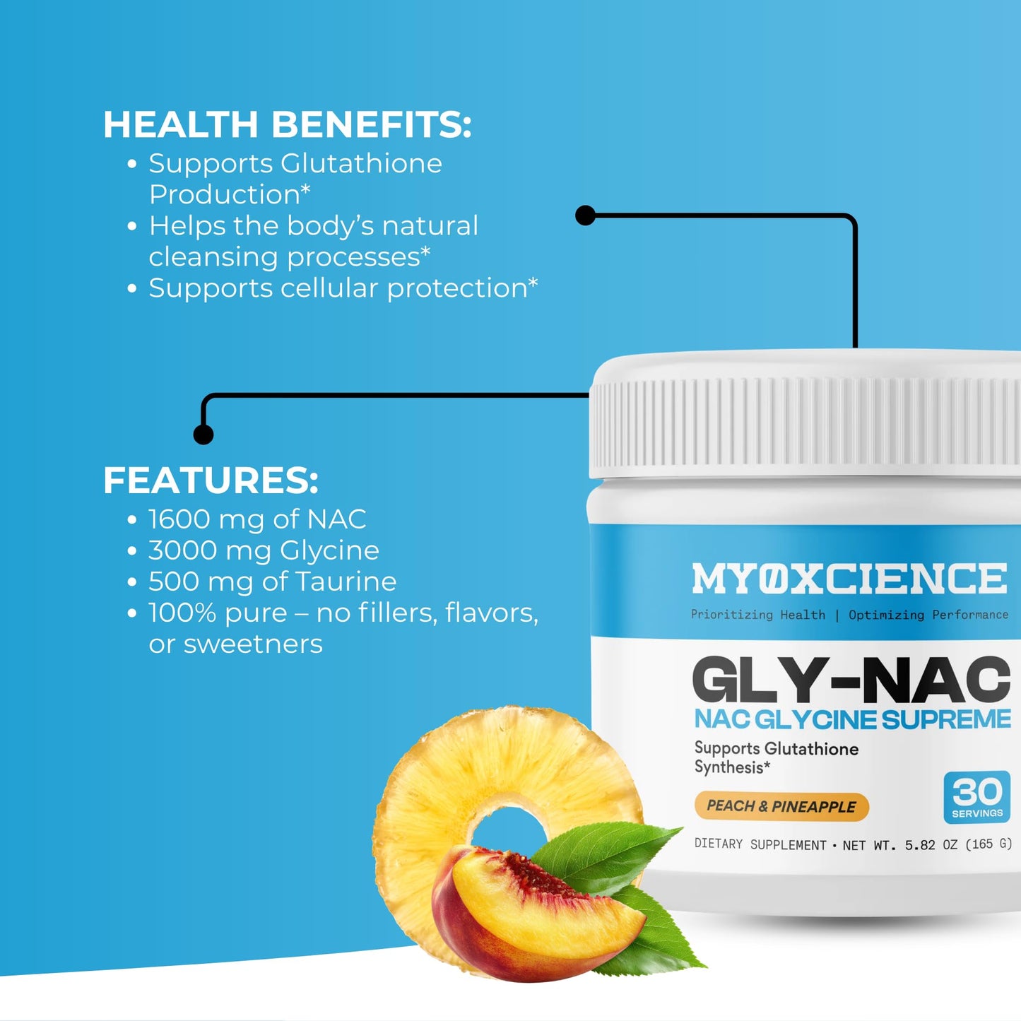 MYOXCIENCE NAC Glycine Supreme | N-Acetyl-L-Cysteine, Glycine, and Taurine Combination (Natural Peach and Pineapple Flavor) (30 Servings) - Maple Wellness Supplements