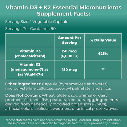 MYOXCIENCE Vitamin D3 + K2 Essential Micronutrients | Vitamin D3 5,000 IU | Vitamin K2 as MK-7 90 mcg (90 Vegetarian Capsules) - Maple Wellness Supplements
