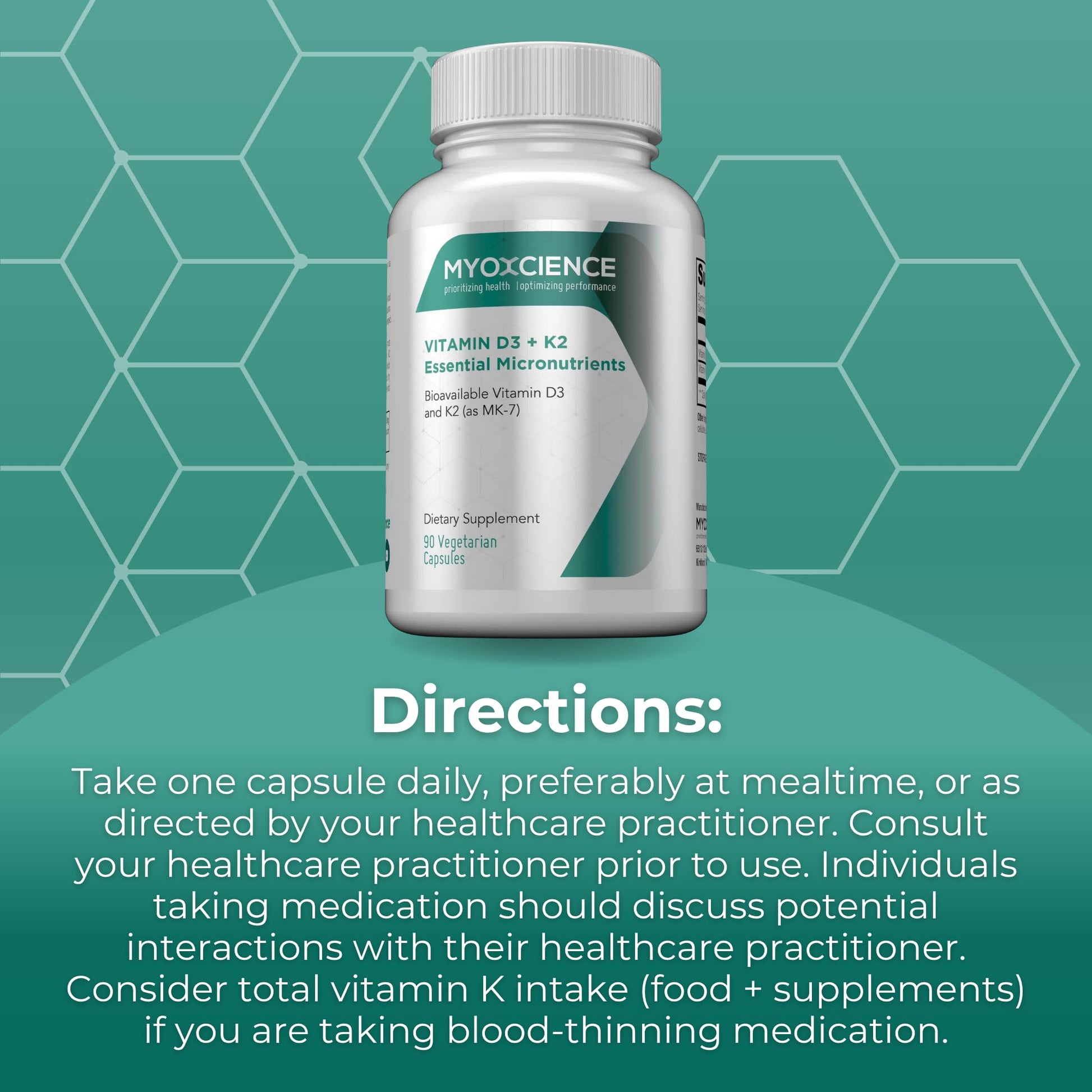 MYOXCIENCE Vitamin D3 + K2 Essential Micronutrients | Vitamin D3 5,000 IU | Vitamin K2 as MK-7 90 mcg (90 Vegetarian Capsules) - Maple Wellness Supplements