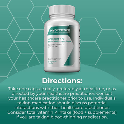 MYOXCIENCE Vitamin D3 + K2 Essential Micronutrients | Vitamin D3 5,000 IU | Vitamin K2 as MK-7 90 mcg (90 Vegetarian Capsules) - Maple Wellness Supplements